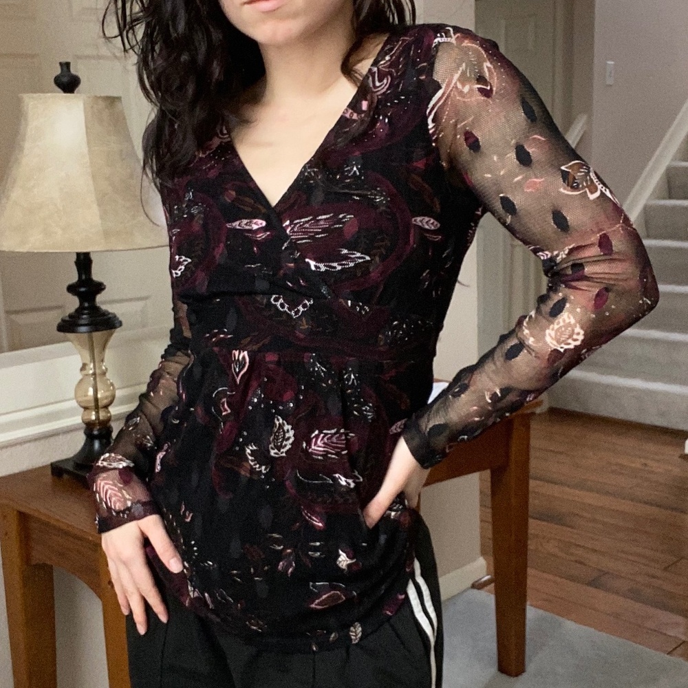 INC International Concepts - Black Floral Long-Sleeve w/ a Tie - Medium